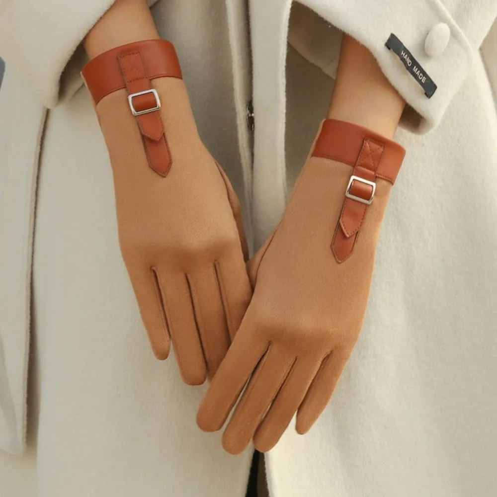 

Новые замшевые кожаные теплые перчатки, ветрозащитные перчатки с пряжкой для езды на велосипеде, бархатные зимние варежки для женщин