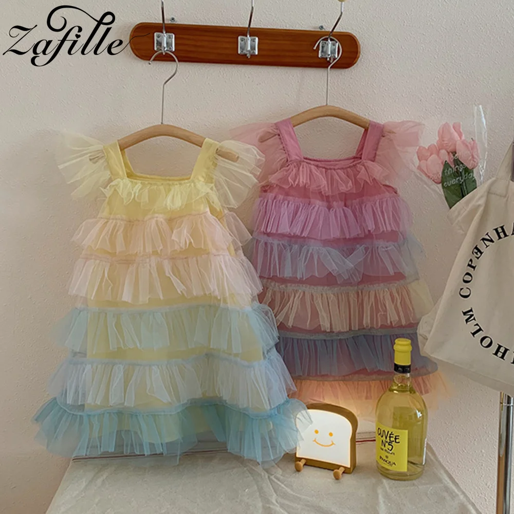 ZAFILLE Colorful Mesh Dress Girls Baby Clothes Summer Kids Toddler Cupcake Dresses Princess Girls Clothing Sweet Children Outfit