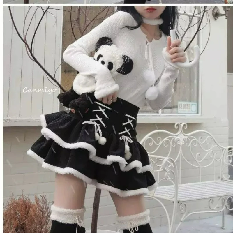 Subculture Winter Plush Women's Short Skirt 2026 New Black White Sweet Cool Cute High Waist Hot Girl Corduroy Cake Skirts Ladies