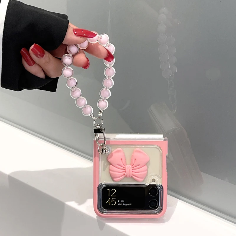 DIY Fashion Cute Beads Pearl Bracelet Hand Chain Love Bow Pink Phone Case Cover DIY For Samsung Galaxy Z Flip 4 3 5G