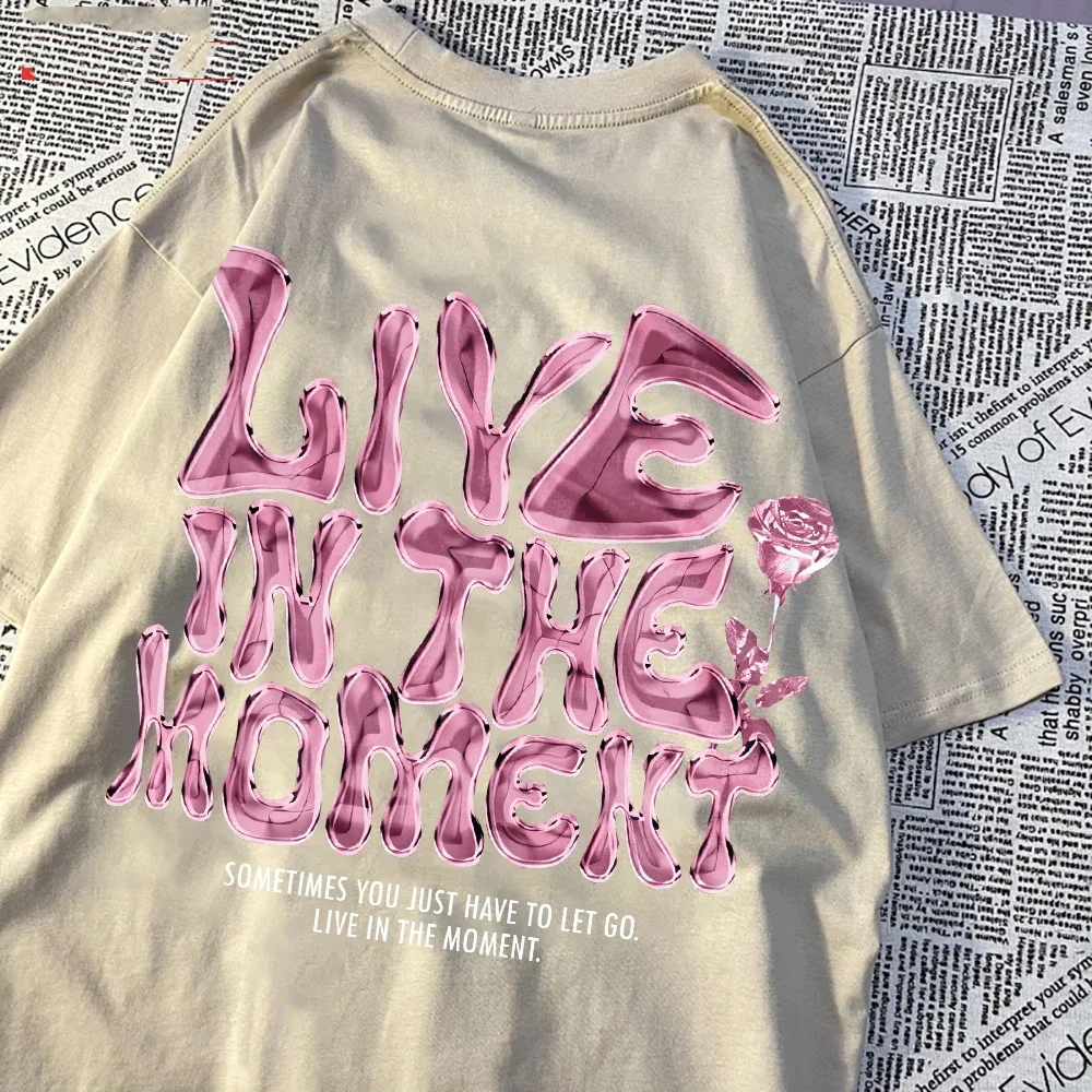 Fashion Woman T-Shirts Live in The Moment Letter Printing Tees Breathable O-Neck Summer Street Female Clothes Aesthetic Clothes