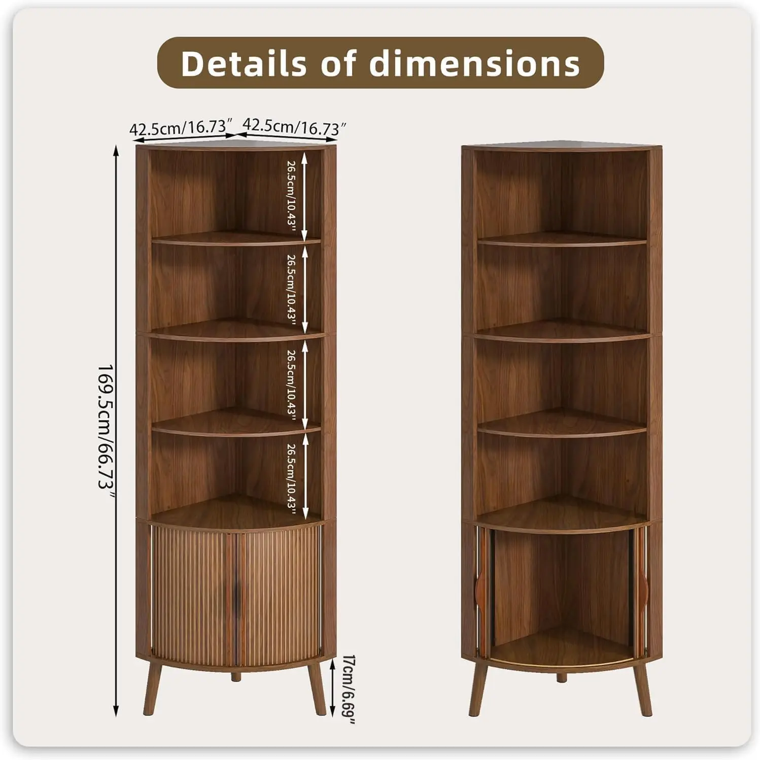 5-Tier Corner Shelf, 66.73''Tall Modern Corner Bookshelf, 5 Shelf Bookcase with 2 Fluted Doors, Freestanding , Customized