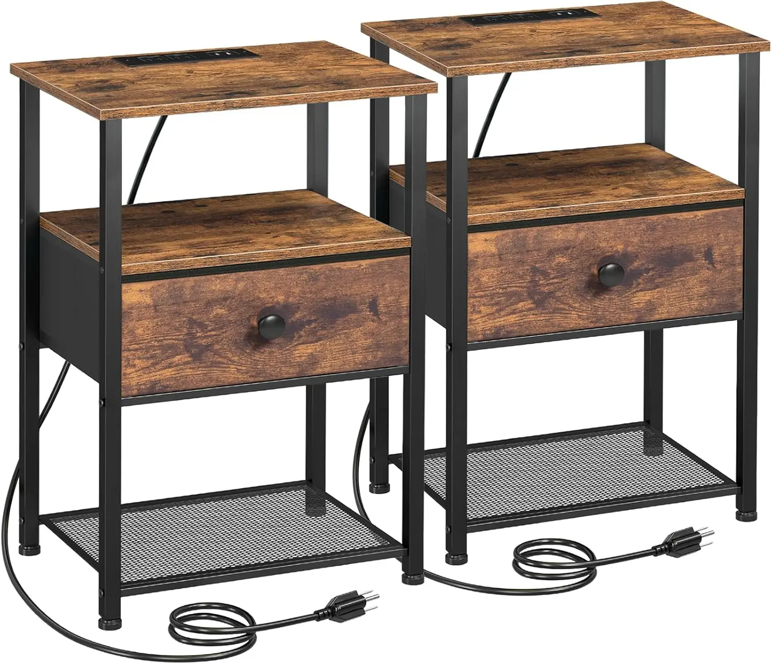 

2-Piece Nightstand Set with Charging Station, Fabric Drawer, and Storage Shelf for Bedroom or Living Room