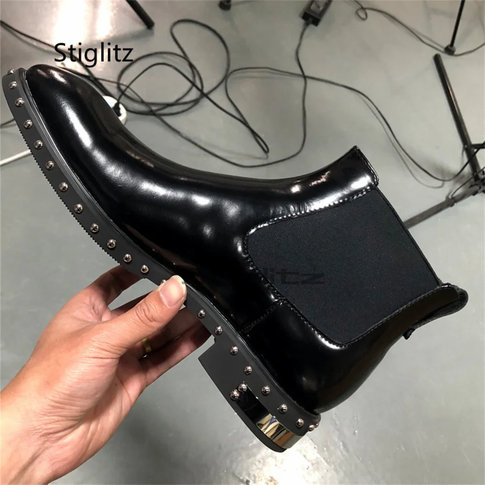 Rivet Men's Patent Leather Ankle Boots British Style Slip-On Luxury Chelsea Boots Party Handmade Wedding Business Dress Shoes