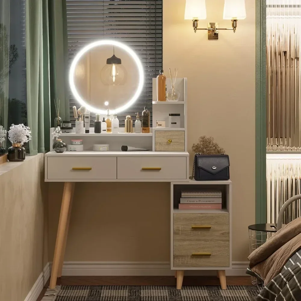 

Makeup mirror with light and table vanity set, 3 color lighting modes and touch screen, with bedside table and open shelf