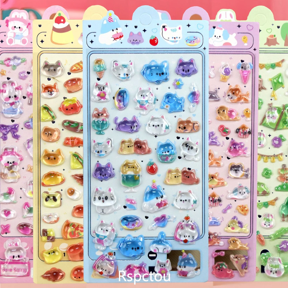 Cute Rabbit Cat Dog Animal 3D Crystal Stickers Kawaii Cartoon Three-Dimensional Relief Decal Decorative Notebook Guitar Suitcase