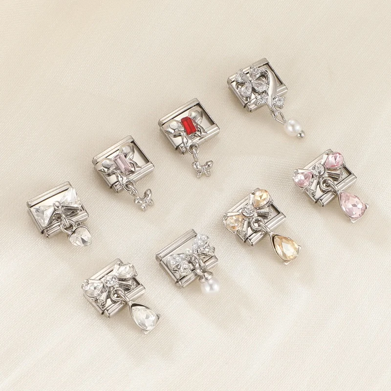 Y2K Italian Charm DIY Basic Zircon Bow Flower Butterfly Heart Pendant Beads Stainless Steel Bangle Versatile Gift 9MM Universal