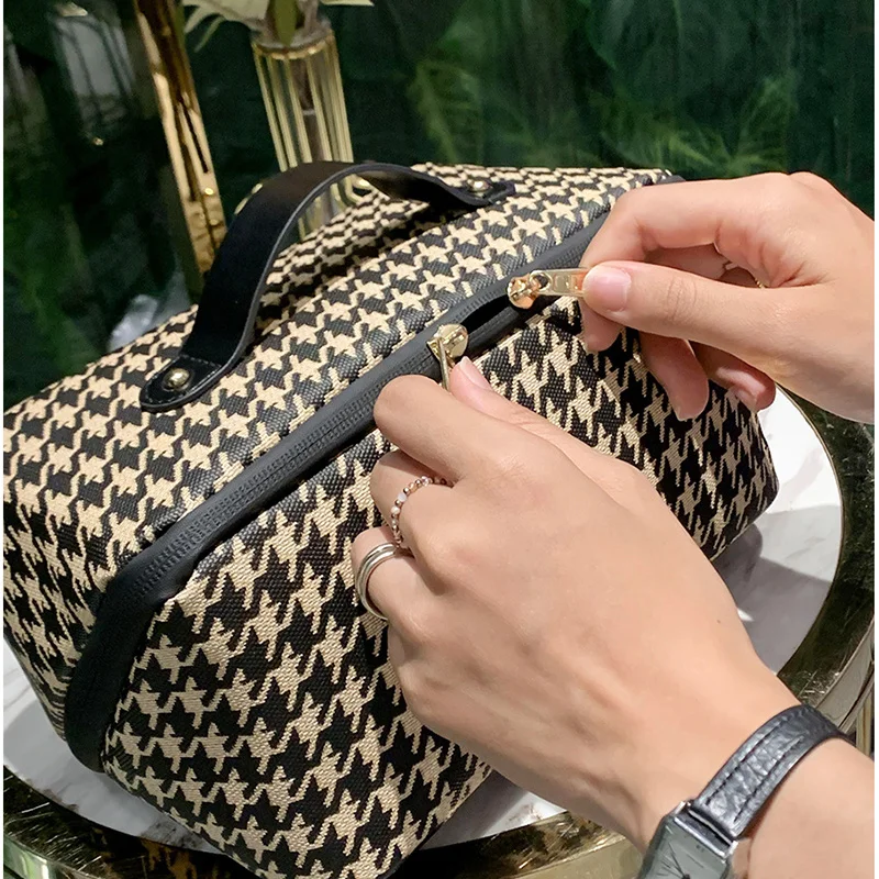 Houndstooth Cosmetic Storage Bag Women Travel Leather Waterproof Makeup Organizer Toiletries Cube Bag Pouch Accessories Supplies