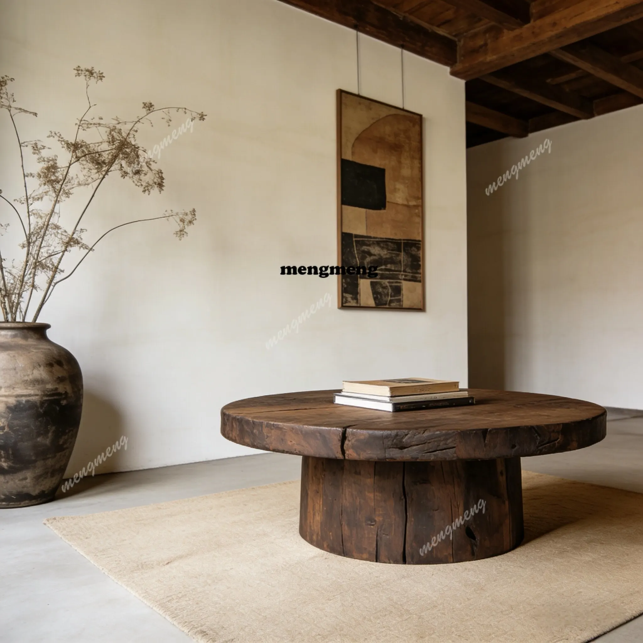 

Wabi-sabi wind round coffee table all solid wood medium and ancient style coffee table living room hotel sofa coffee table B & B