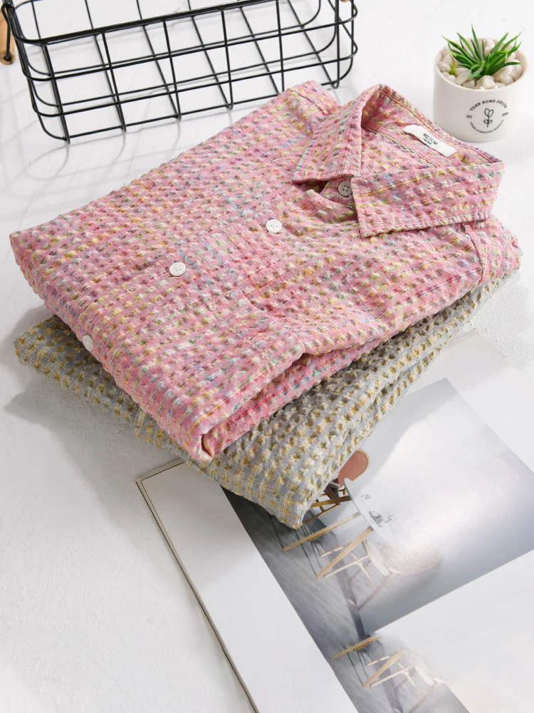 

Pink Plaid Bubble irt ort Sve Loose Men's Summer irt Versatile Breathable f Sve Floral Patterned Japanese Retr...