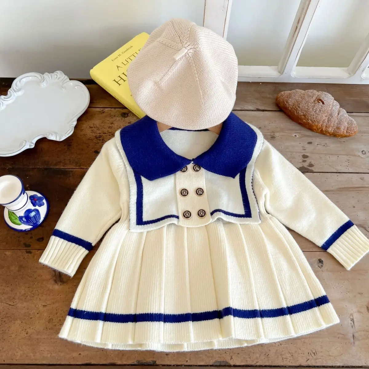 Girls\' Autumn Dress Navy Style Dress Spring and Autumn Baby Fashion Princess Pleated Dress Children\'s Knitted Dress