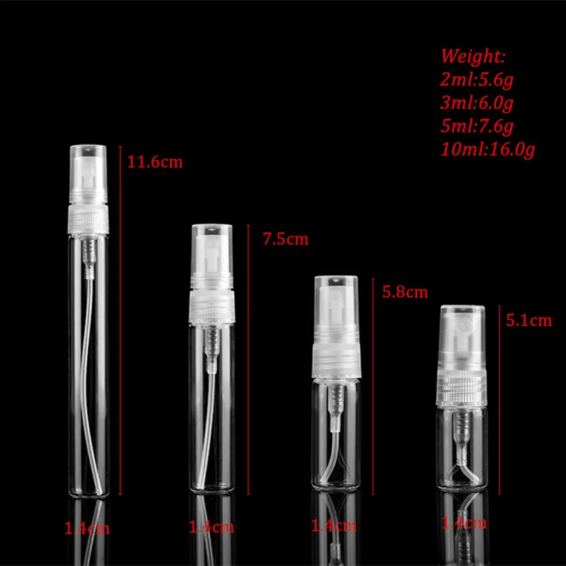 100 stücke 2ml 3ml 5ml 10ml Glass prüh flasche nachfüllbare Parfüm zerstäuber Mini-Proben röhrchen flaschen dünne Glas fläschchen