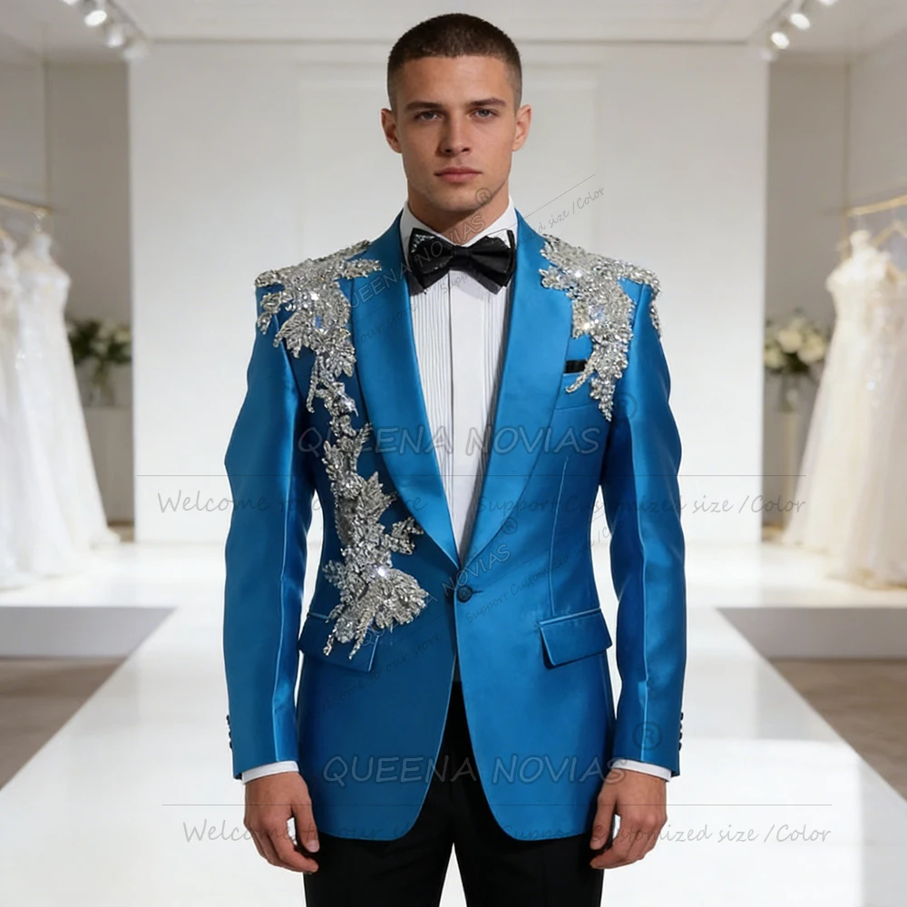

Luxury Stones Embroidered Groom Wedding Suits Satin Jacket Pants 2 Piece Banquet Evening Party Blazer Customized Beaded Tuxedos
