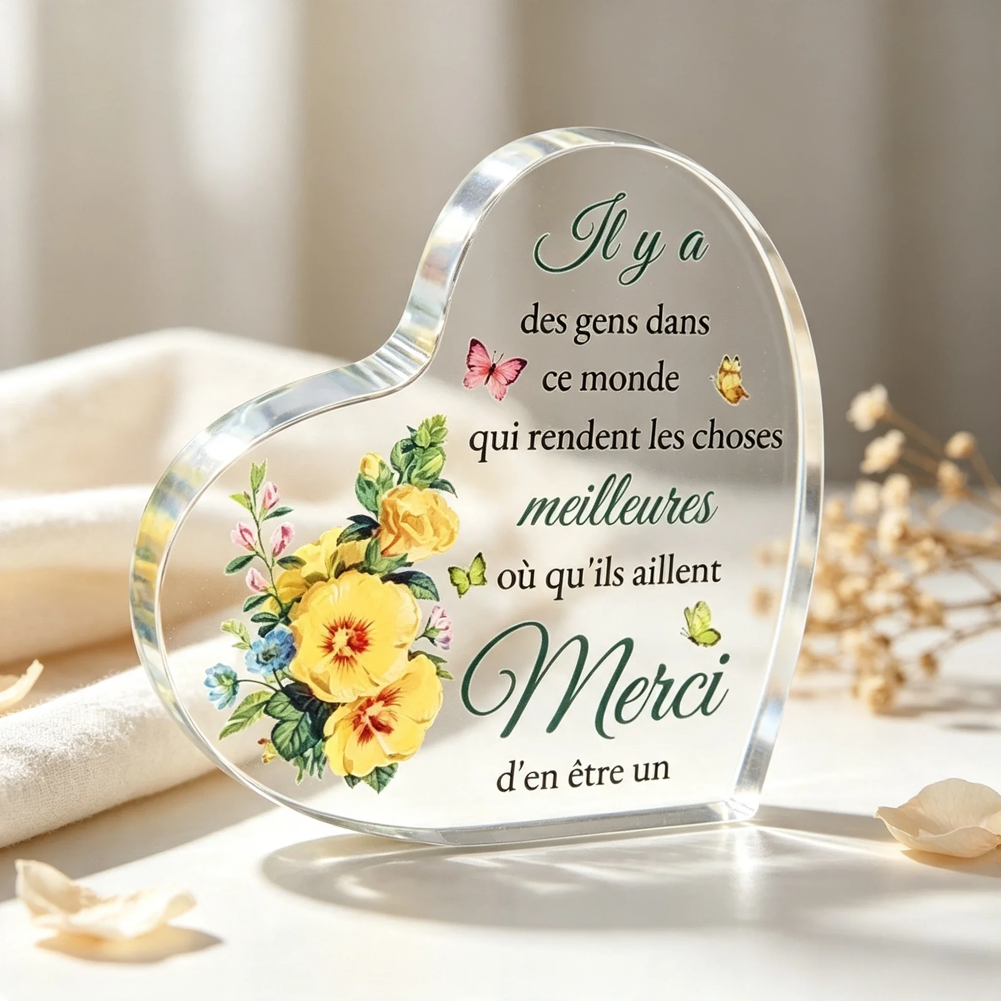 French Gratitude Text Acrylic Heart Plaque Tabletop Keepsake Decor,Heart Acrylic Plaque Yellow Flower Butterfly French Thank You Quote Gift