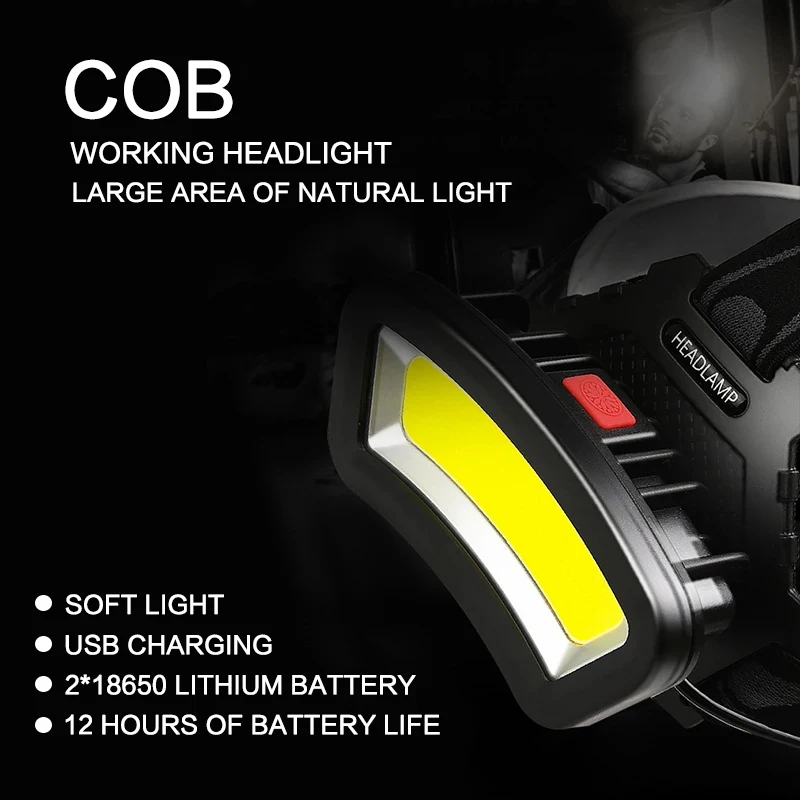 COB LED Headlamp USB Rechargeable Red White Light Fishing Headlight Waterproof Night Outdoor Camping Hunting Head Light Lantern