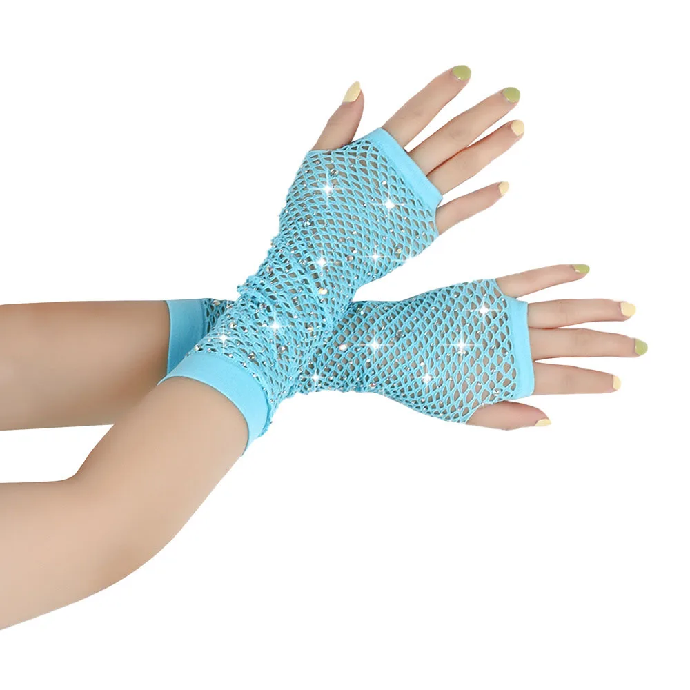 Gants élastiques amusants pour femmes, long filet de pêche, perceuse lumineuse, diamant chaud, dentelle de diamant, punk, multicolore, fête d'Halloween, carnaval, sexy