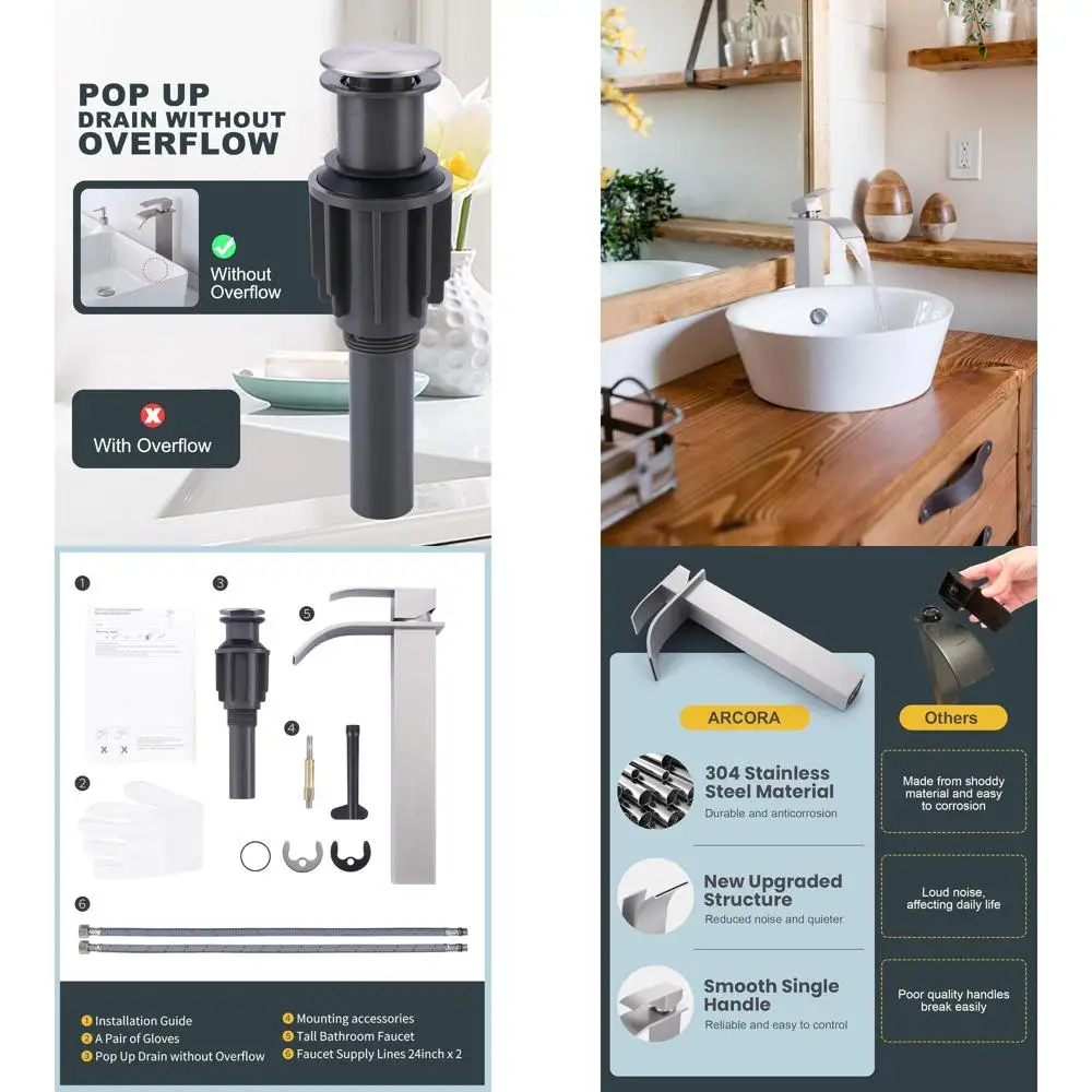 

Single Handle Tall Bathroom Faucet in Brushed Nickel with Pop-Up Drain and cUPC Supply Lines