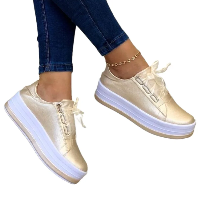 2026 Mode Frühling Herbst Neue Plateau-Flachschuhe für Damen mit Dicker Sohle Damen Schnür-Sneakers Laufschuhe Große Größen 35-43