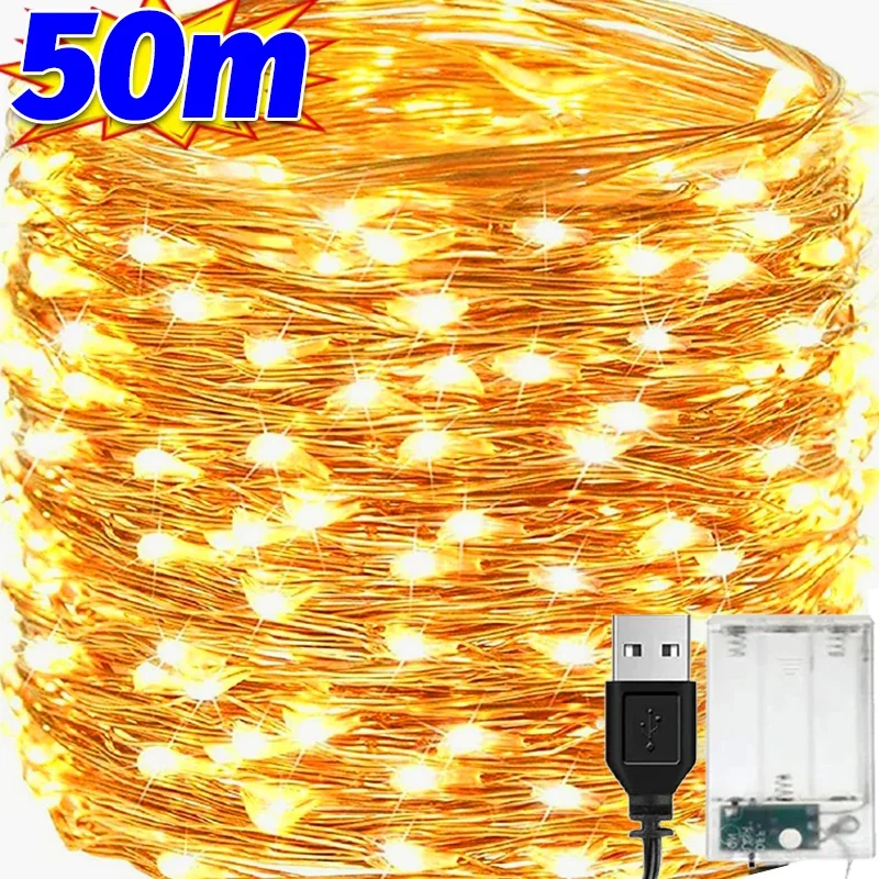 2-50M Usb/Batterij Led String Licht Koperdraad Slinger Sprookjesachtige Lichten Vakantie Kerst Bruiloftsfeest Decoratie Waterdicht Licht