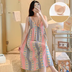 Beach Style Sexy Sling Sleeping Dress Thin Cotton Rayon Sleepwear Women Chest Pad Nightwear Dresses Lady Printed Nightgowns