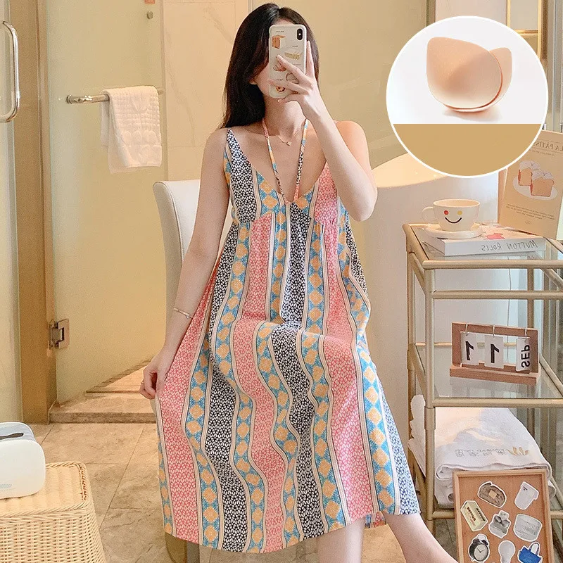 Styl plażowy seksowna chusta sukienka do spania cienka bawełniana Rayon bielizna nocna kobiety z miseczkami na piersi bielizna nocna sukienki Lady drukowane koszule nocne