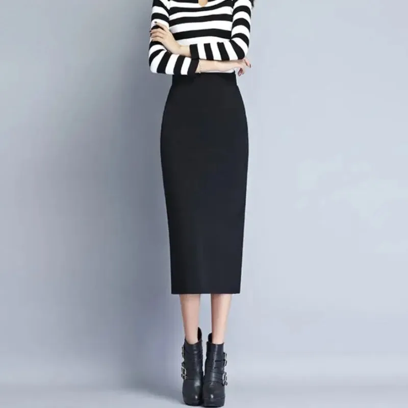 

New Women England Style Elastic High Waist Package Hip Pencil Skirt After Split