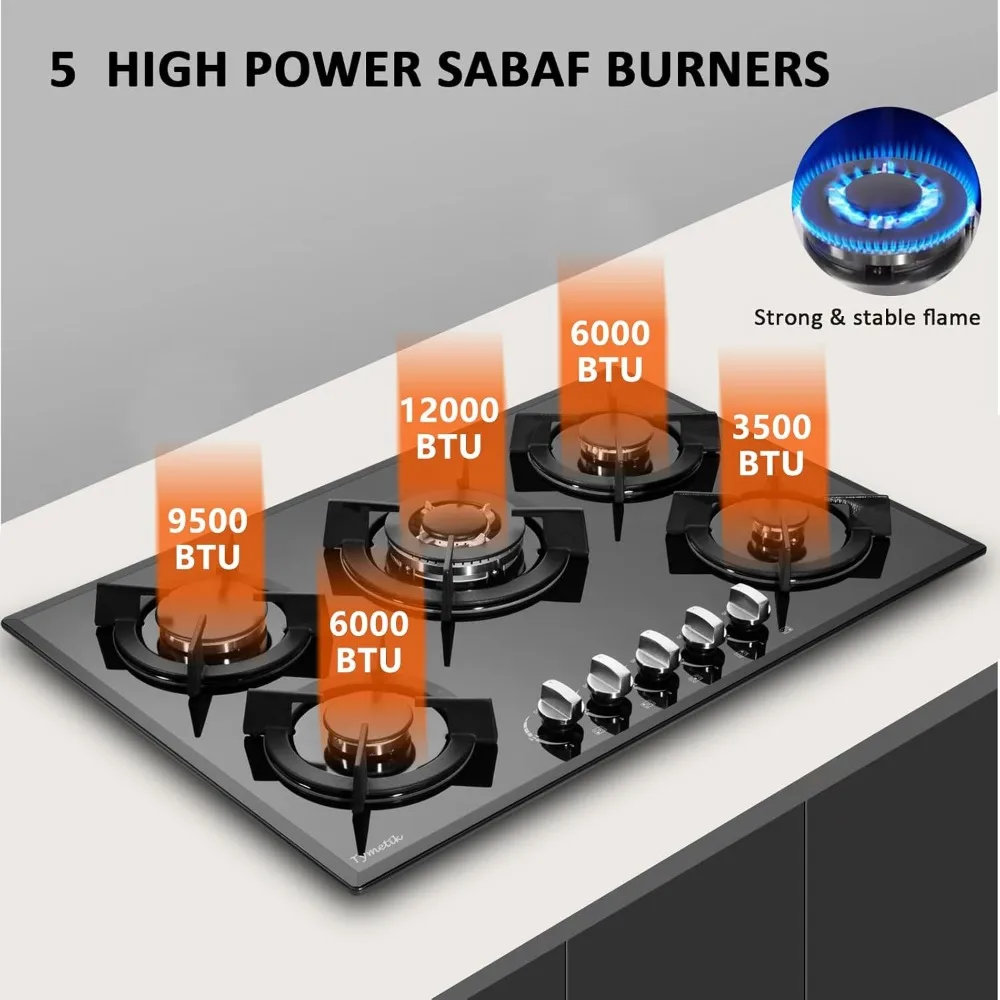 موقد غاز 30 بوصة، موقد غاز مدمج من الزجاج المقسى 5 شعلات عالية الكفاءة موقد غاز علوي البروبان/الغاز الطبيعي