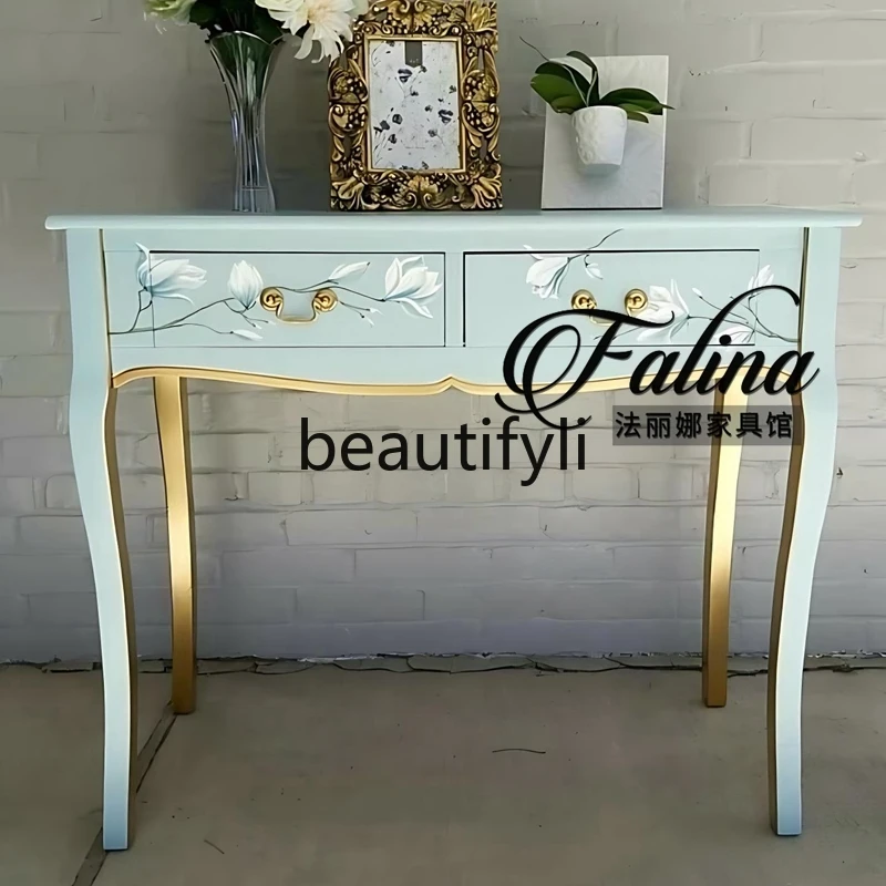 

French Style Light Luxury Solid Wood Entryway Table Hand-painted Fashionable Simple Entryway Wall-mounted Console Table