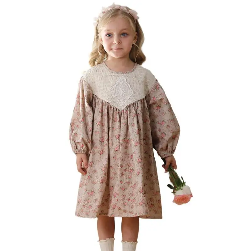 Autumn New French Retro Floral Girls\' Dress Sweet Lace Long Sleeved Children\'s Princess Dress Flower Girl Dresses for Weddings