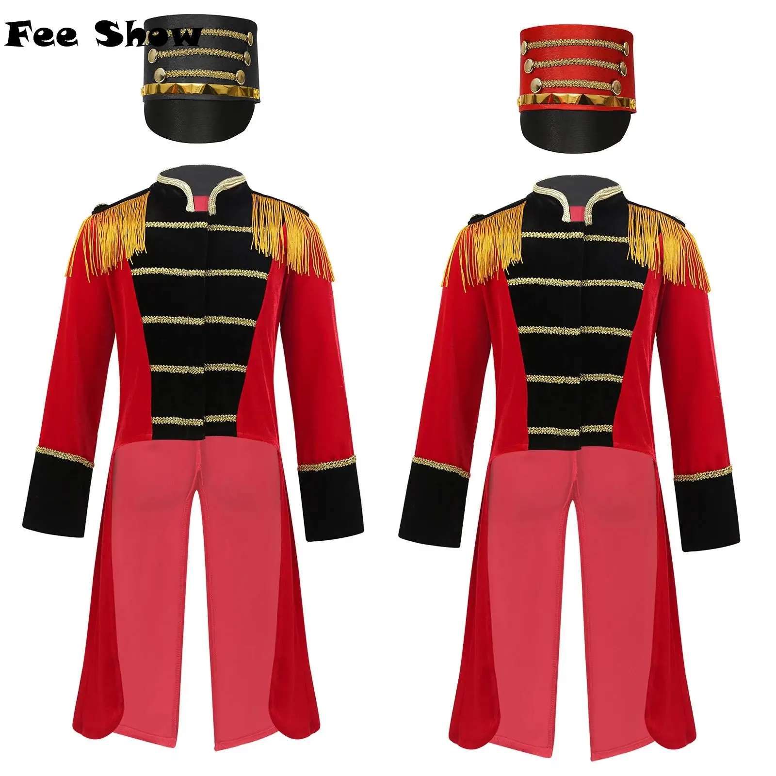 Kids Boys Circus Costume Drum Band Orchestra Costume Long Sleeves Fringes Epaulet Tailcoat Jacket with Hat for Festival Party