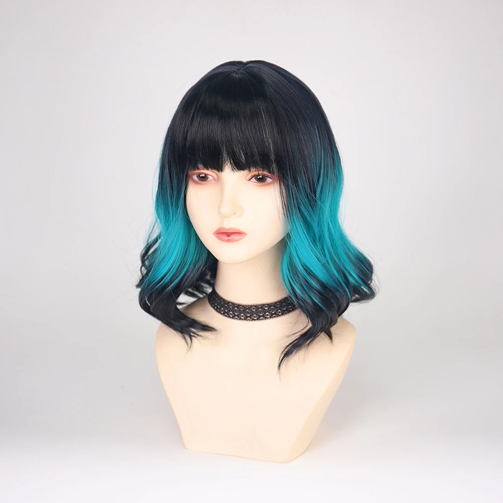 GAKA Black Blue Obmre Short Wavy Wigs with Bangs Synthetic Women Lolita Cosplay Hair Wig for Daily Party