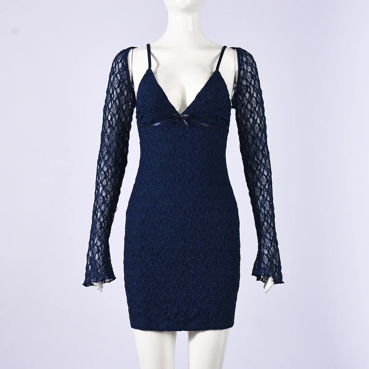 Herbst-Winter Neue Ankunft Sexy Spitze Langarm Schal Träger Kleid Zwei-Stück Set