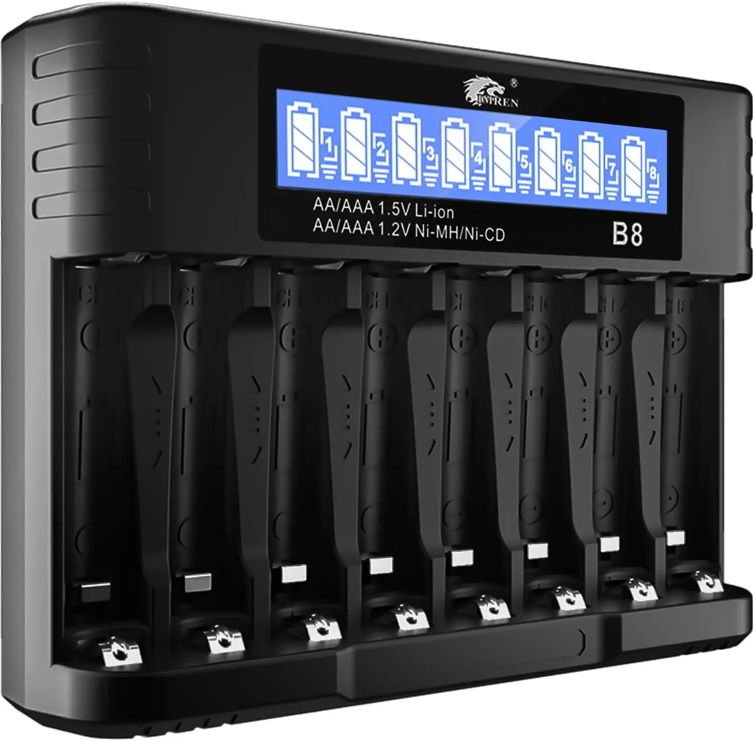 

AA AAA Battery Charger, 8-Bay LCD Display, Fast Charging, for NiMH/NiCD & Lithium Batteries