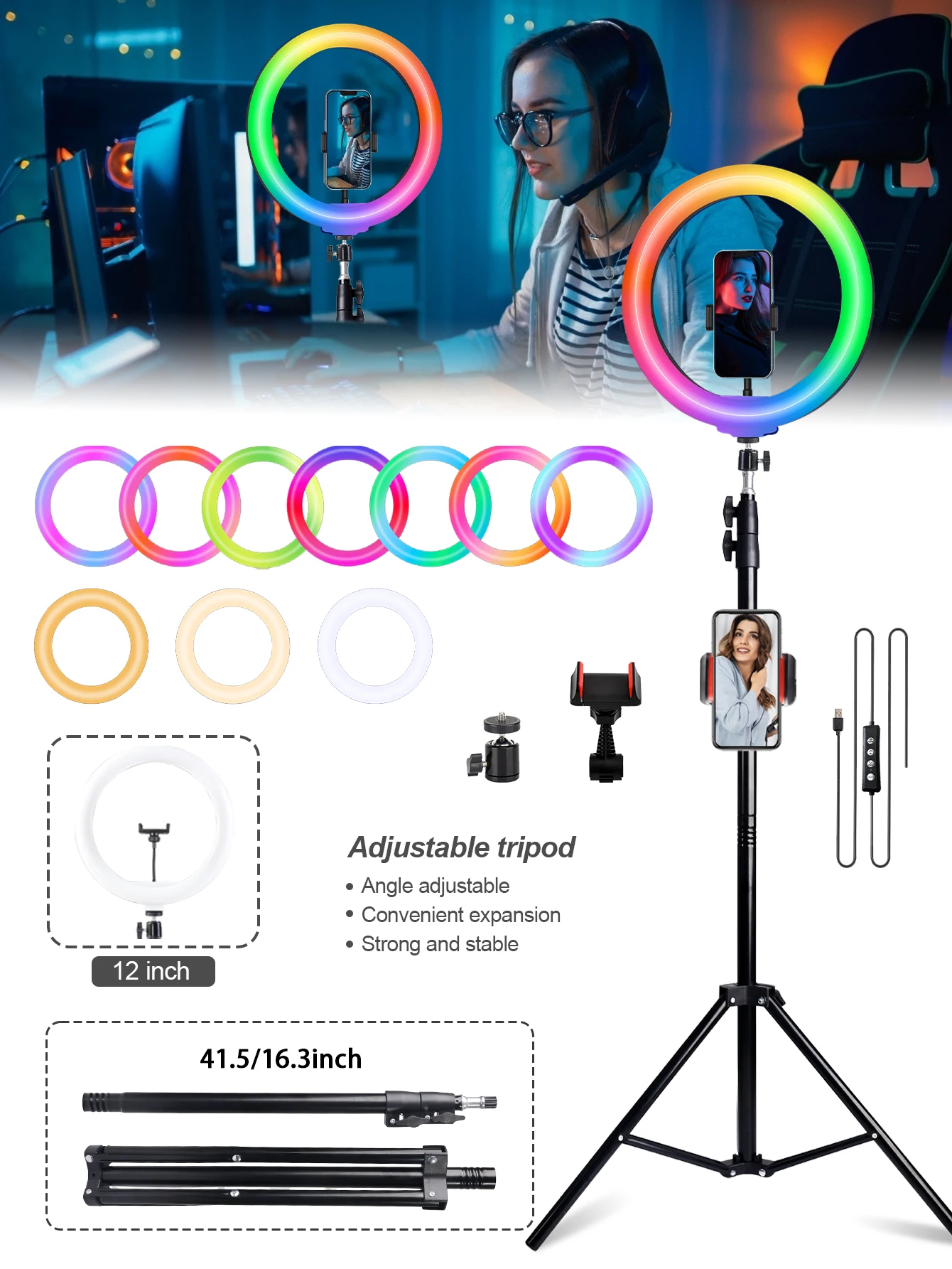 حامل ثلاثي قابل للتمديد مقاس 63 بوصة مع ضوء حلقة RGB مقاس 12 بوصة، وحوامل هاتف وعصا سيلفي مقاس 160 سم، وإضاءة LED للتصوير الفوتوغرافي #1