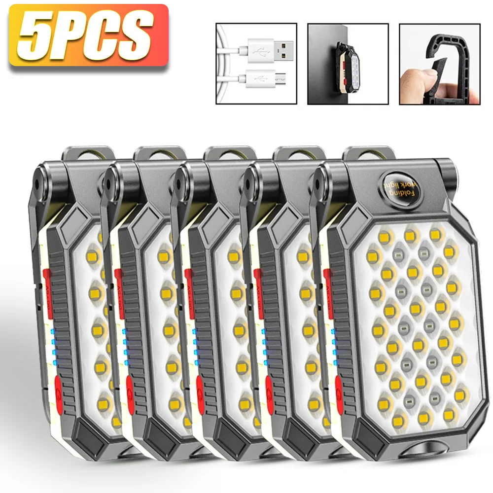 1/2/5PCS Portable LED COB Work Light Rechargeable Flashlight Magnetic Waterproof Camping Lantern Magnet with Power Display