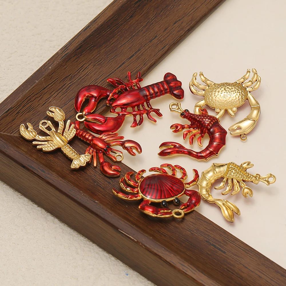 4 Stück Edelstahl-Anhänger mit roter Emaille in Form von gekochtem Hummer und Krabbe für DIY-Schmuck, Kinder-Halsketten und Damen-Ohrringe. – Detail 4
