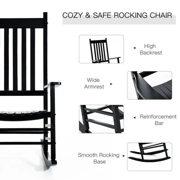 Outsunny Wooden Outdoor Rocking Chair with Armrests, High Back for Garden, Patio, Balcony, Porch, Black
