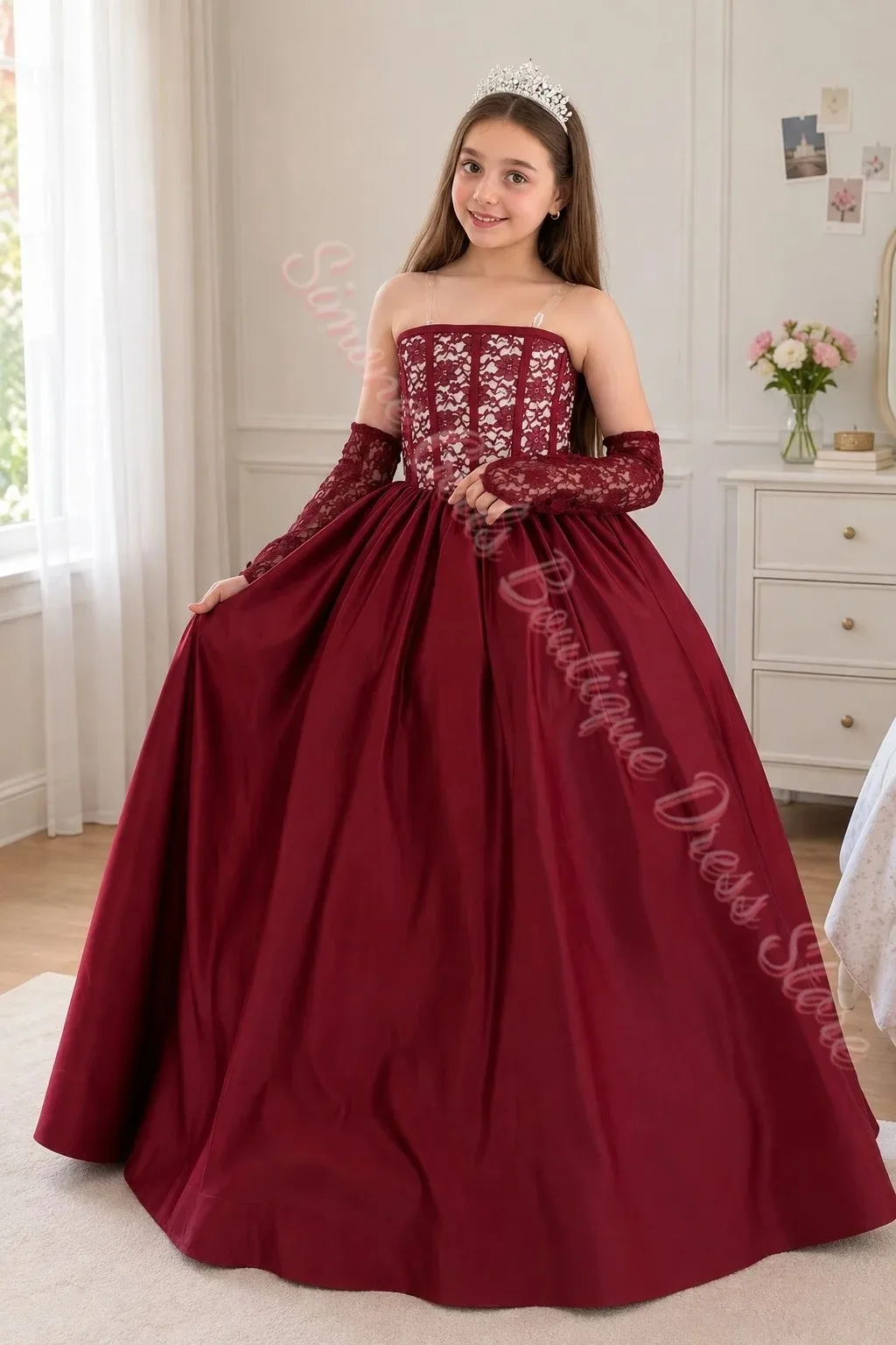 Großhandel Spitzenapplikation Mädchen Festkleid Tüll Langarm Blumenmädchenkleid Tüll Prinzessinnenkleid Langes Ballkleid Mädchen Maßanfertigung – Detail 4