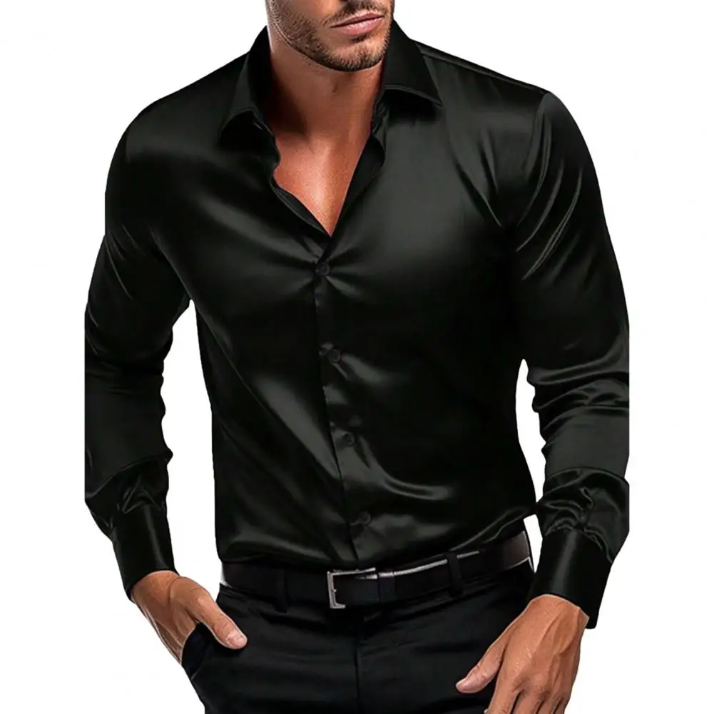 Slim Fit Koszula z długim rękawem Męska satynowa koszula kardigan zapinana na guziki na jesień wiosnę Odzież biurowa Slim Fit Długie rękawy Casual Top