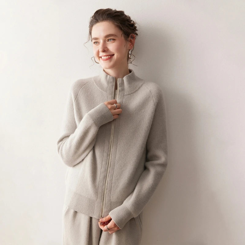 

2025 New Women's 100% Cashmere Sweater Mock Neck Zipper Cardigan Coat Autumn Winter Thick Warm Simple Style Female Cashmere Tops