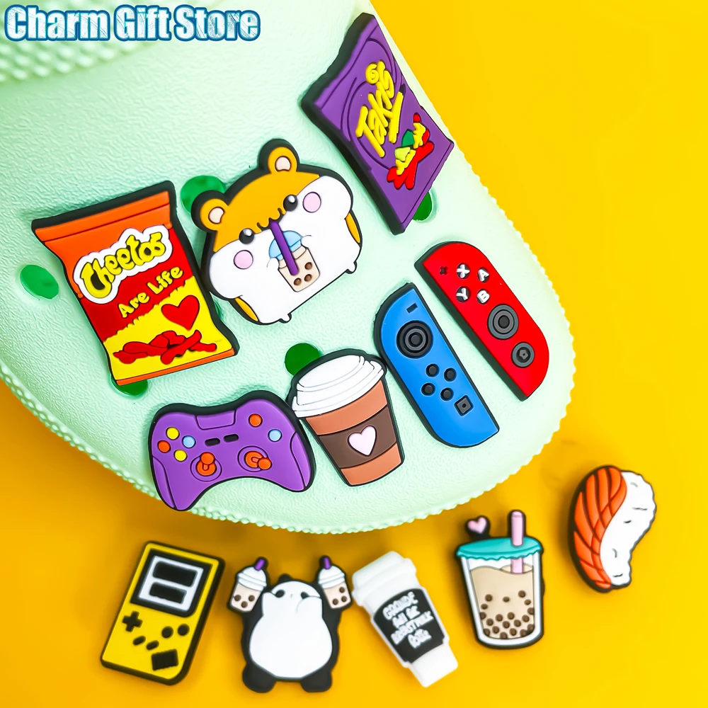 1 Uds Gamepad Snacks dijes para zapatos Takis Chettos accesorios para zapatos café Boba té zuecos pines controlador de juego decoraciones para