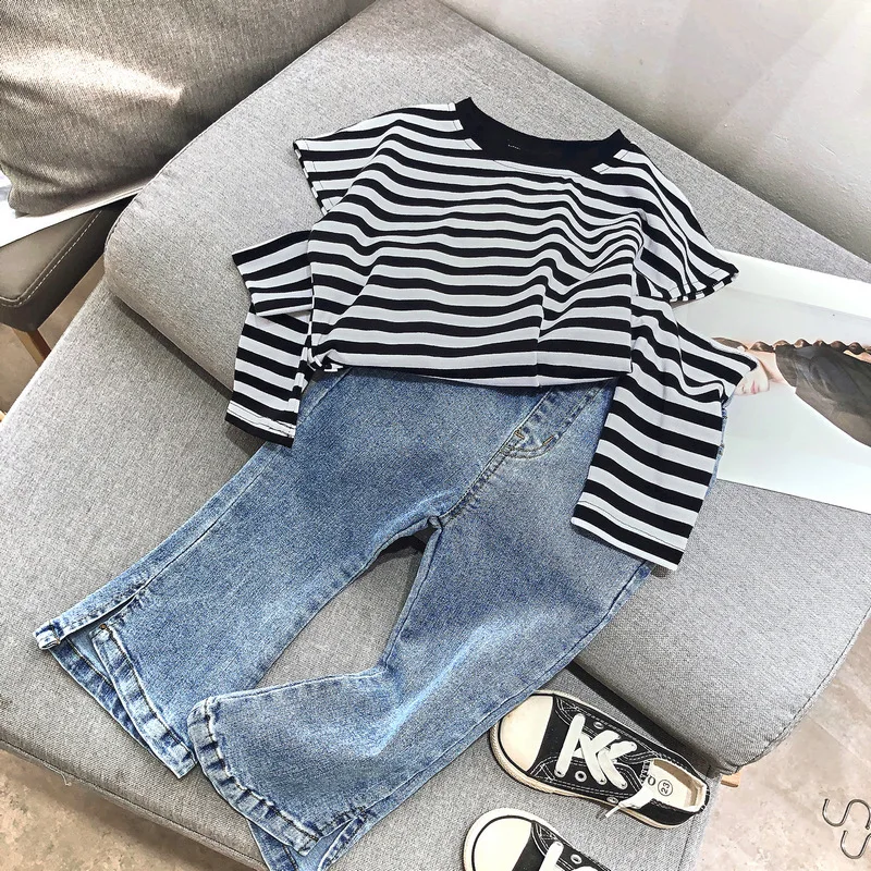 Girls' Striped Sleeveless Outfit PersonalityTShirt and Denim Pants25Autumn New Fashion Foreign Trade Children's Clothing Wholesa