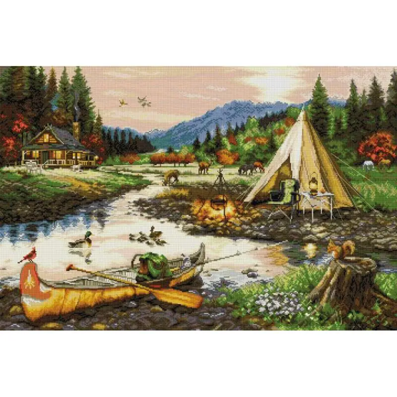 Golden Stream  Landscape Pattern Cross Stitch Kit Aida 14 16 11CT Canvas Printed Cloth DIY Handmade Embroidery Home Decor Crafts