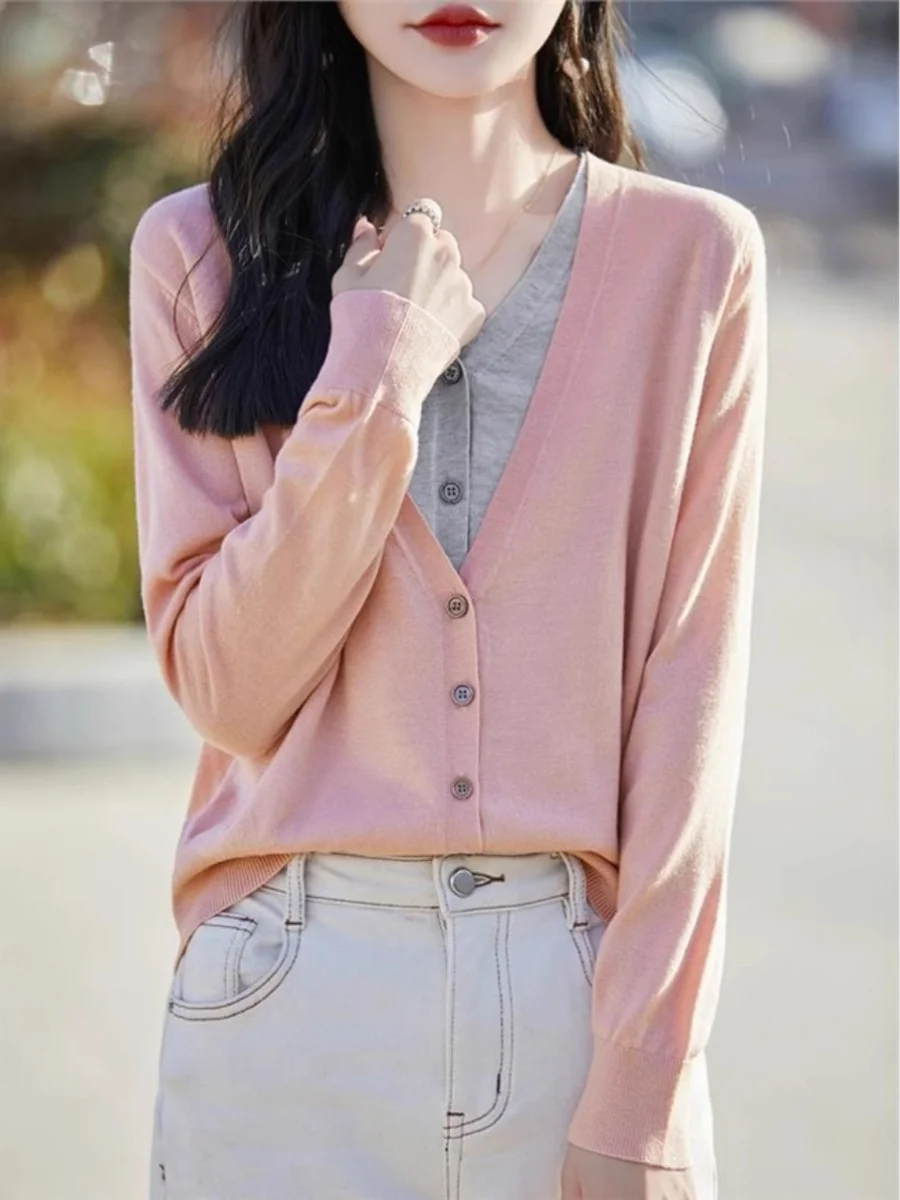 

Spring New Arrival Thin Spun Wool V-Ne Open Cardigan Women's Fake Two-Piece Color Blo Knitted Loose Versatile Top Outerwear