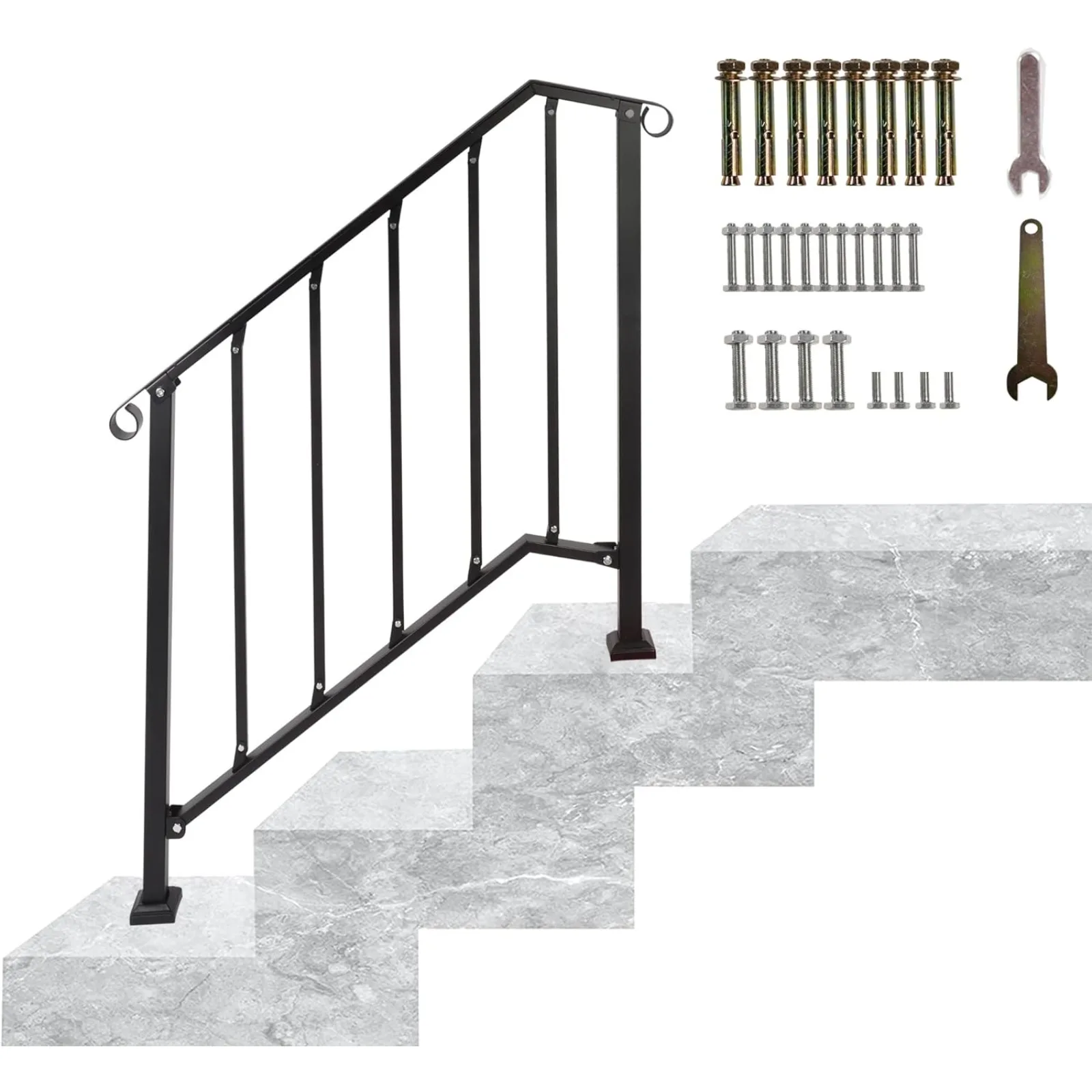 US Black Wrought Iron Handrail for Outdoor Steps, Flexible Railing, Fit for 2 or 3 Steps