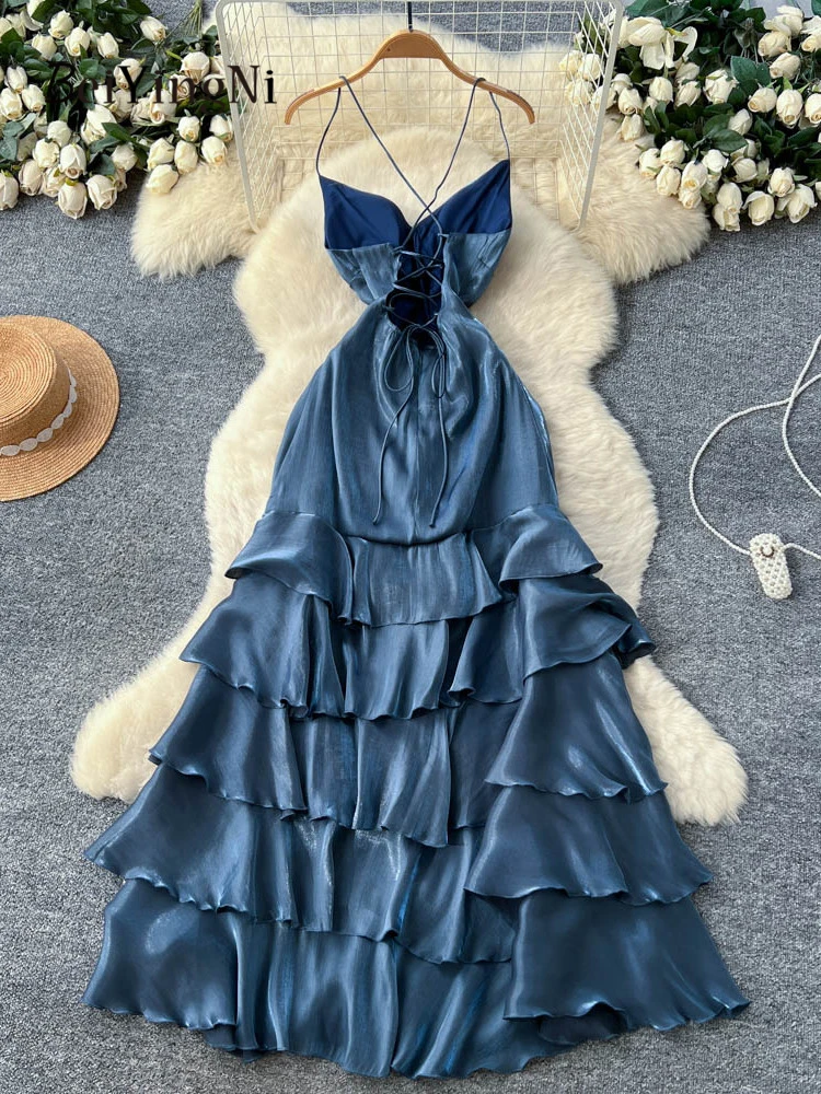 Beiyingni French Party Spaghetti Strap Dresses for Women Ruffles Tiered Luxury High-end Long Maxi Dress Female Evening Vestidos