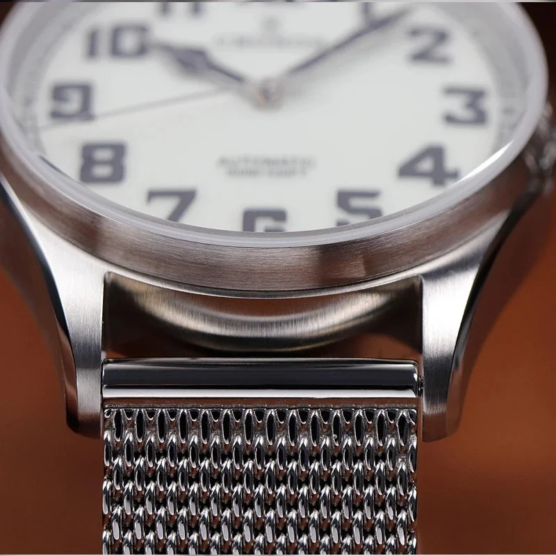 Cronos Pilot Flieger Mechanical Men Watch Stainless Steel Luminous Sapphire Skeleton Back Leather Strap