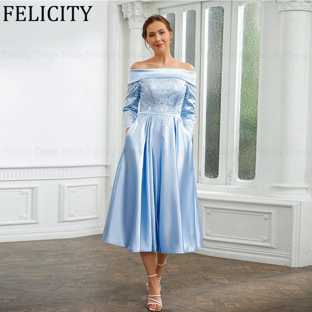 

Modern Mother of the Bride/Groom Dresses 2024 A-Line Off-the-Shoulder Wedding Guest Dresses Satin Pleated Applique Evening Gowns