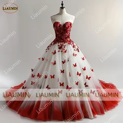 White Tulle Strapless Red Butterfly Applique Full Length Prom Wedding Formal Dress For Evening Lace Up Back Customized A1-16.6