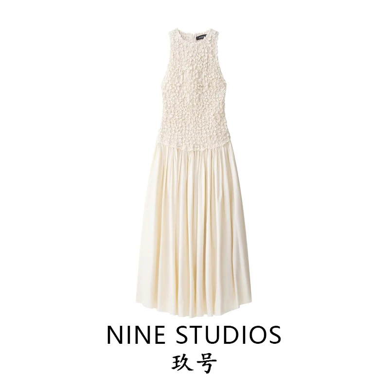 

Nine Zar Street Style Sleeveless Vest Dress Patchwork 3D Flower Long A-Line Skirt Women's Casual round Neck Gown Polyester